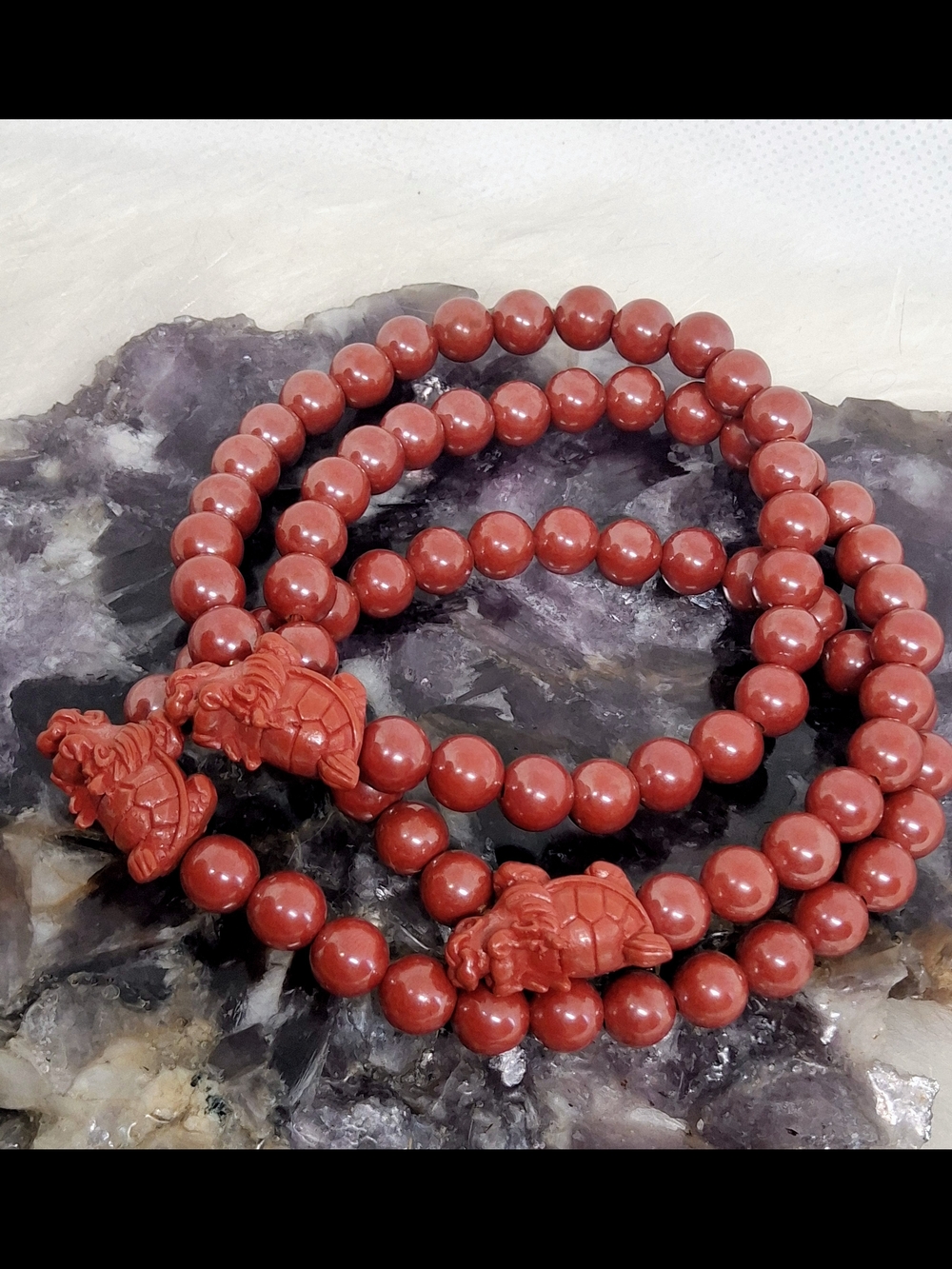 Vintage Red Cinnabar Pixiu Bracelet | 6.3mm Cinnabar Beads | Feng Shui Wealth